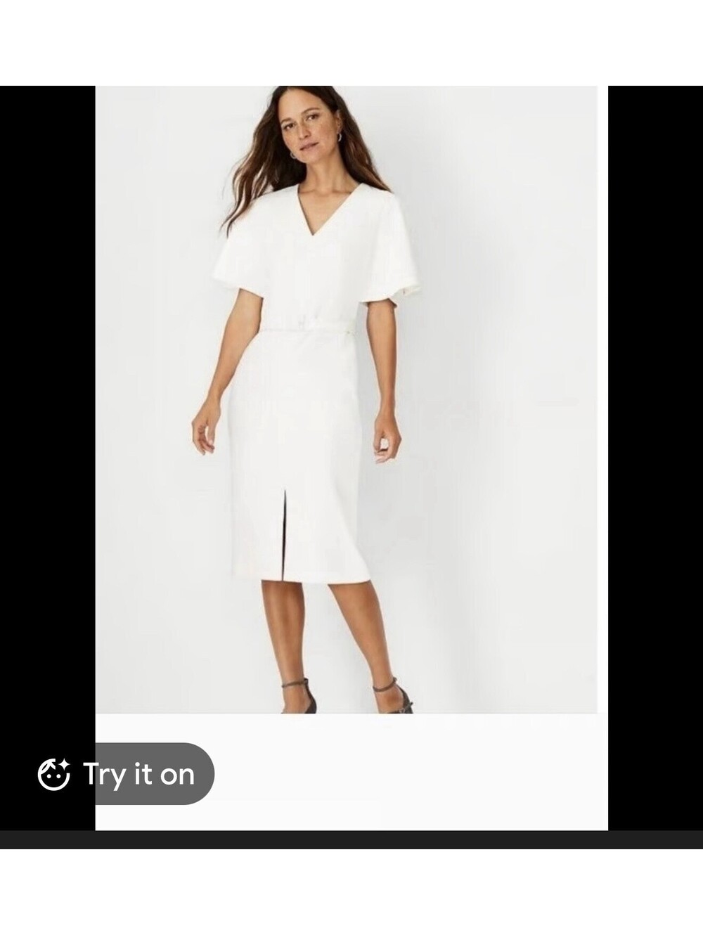 Ann Taylor V-Neck Flutter Sleeve Sheath Dress White Belted Lined Knee Length 2